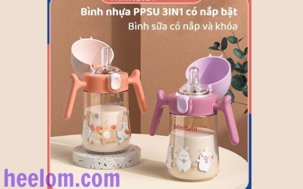 Bình sữa cổ rộng Minitutu PP PPSU 3IN1 có bóng trọng lực 360° có tay cầm BPA